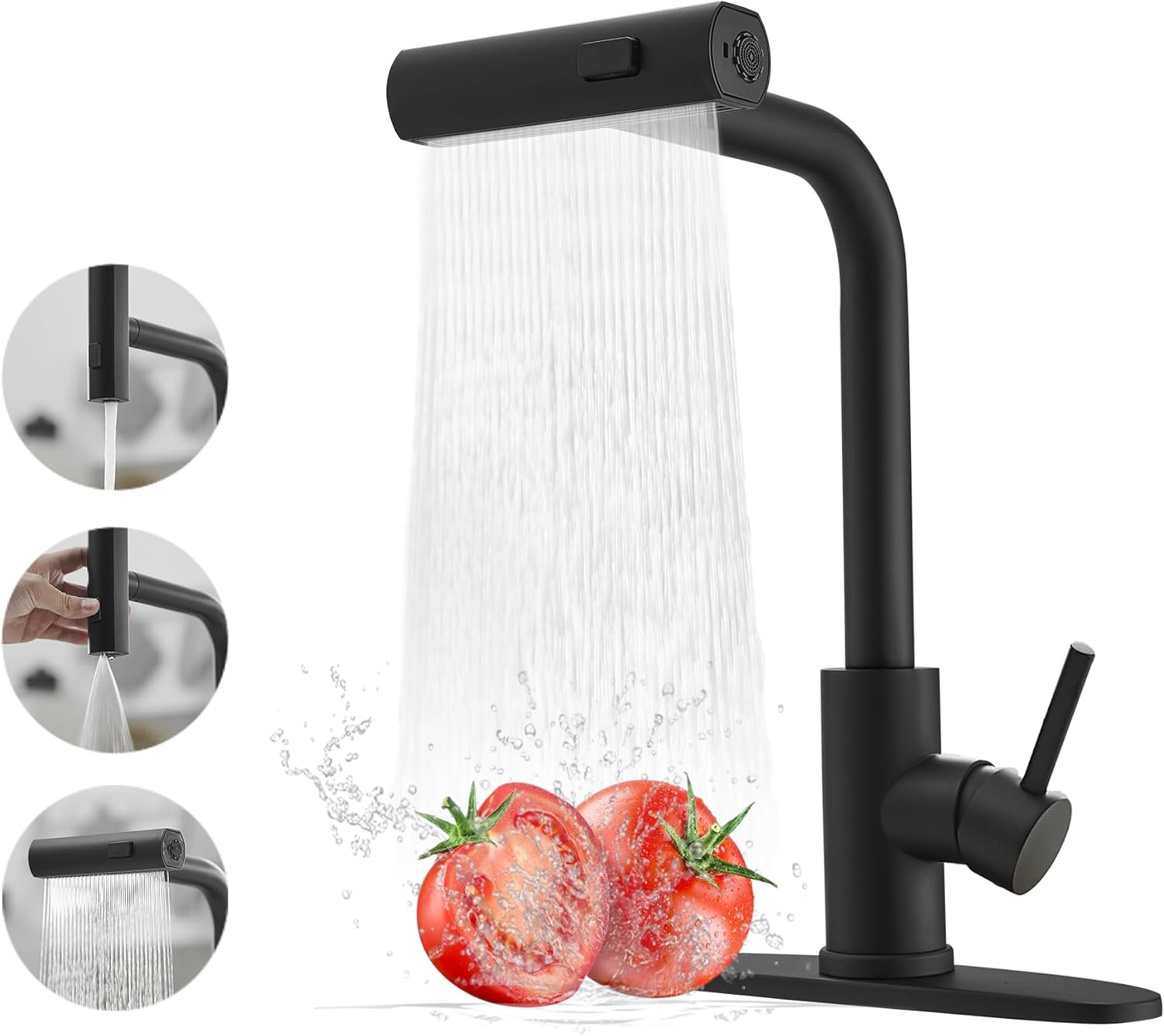 Black Kitchen Faucets with Pull Down Sprayer,Waterfall Kitchen Sink Faucet,Commercial Utility Stainless Steel Kitchen Faucets,Single Handle Kitchen Sink Faucet with Pull Down Sprayer for 3 Function