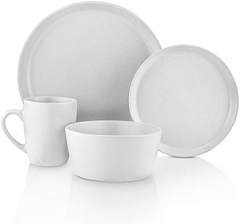 Stone Lain Albie Stoneware 16 Piece Modern Dinnerware Set, Plates and Bowls Sets, Service for 4, White Speckled, Microwave & Dishwasher Safe