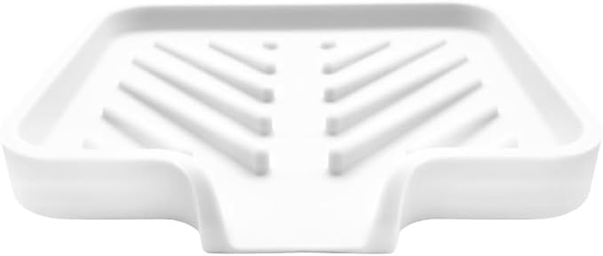 Happitasa Silicone Soap Dish Tray and Sponge Holder with Drain Chute and Feet | 3-Way Sloped Design | Bathroom and Kitchen Sink Organizer Caddy (White, 5"x4", 3.5 Ounces)