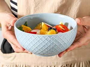 HASENSE Cereal Bowls Set of 4, 26 OZ Ceramic Soup Bowls, Stoneware Porcelain Cereal Bowls for Soup, Cereal, Oatmeal, Fruit, Salad, Embossed Pattern, Microwave & Dishwasher Safe, Blue