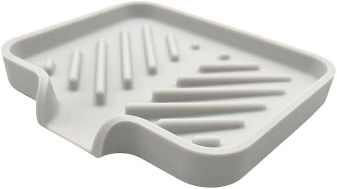 Happitasa Silicone Soap Dish Tray and Sponge Holder with Drain Chute and Feet | 3-Way Sloped Design | Bathroom and Kitchen Sink Organizer Caddy (Light Grey, 5"x4", 3.5 Ounces)