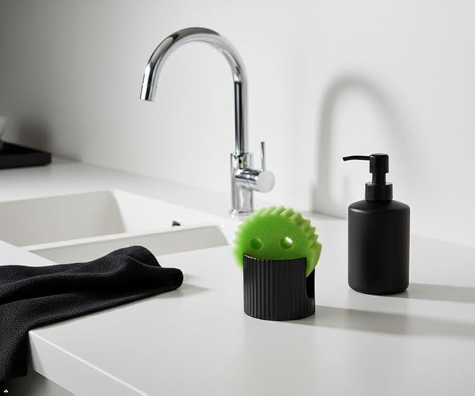 Ceramic Sponge Holder for Kitchen Sink - Dishwasher Safe Porcelain Dish Sponge Caddy Minimalist Vertical Stripes, Scrub Daddy Holder for Countertop, Bathroom, Kitchen Sink Organizer, Black