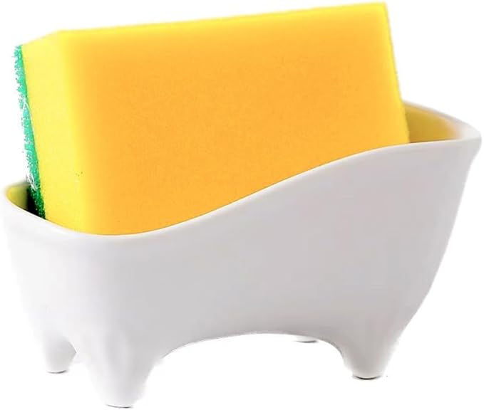 Ceramic Sponge Holder for Kitchen Sink Compact Sink Caddy Organizer - Scrub Daddy Compatible Dish Sponge Holder (White)