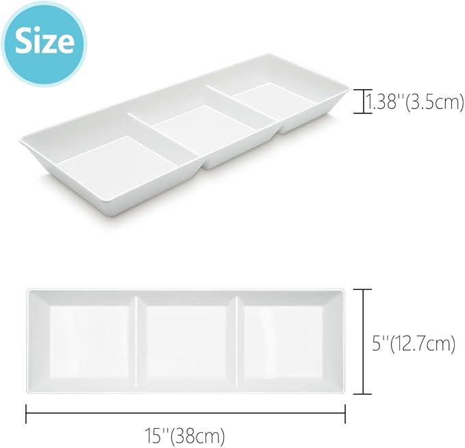 Divided Serving Tray Platter, 2 Pack 15" x 5" Fruit Veggie Food Tray for Party, Plastic Serving Trays for Appetizer, Snack, Dessert, Cookie, Brunch Decorations Platters, White Trays BPA-Free