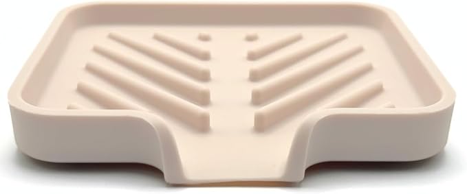 Happitasa Silicone Soap Dish Tray and Sponge Holder with Drain Chute and Feet | 3-Way Sloped Design | Bathroom and Kitchen Sink Organizer Caddy (Sand Dollar, 5"x4", 3.5 Ounces)