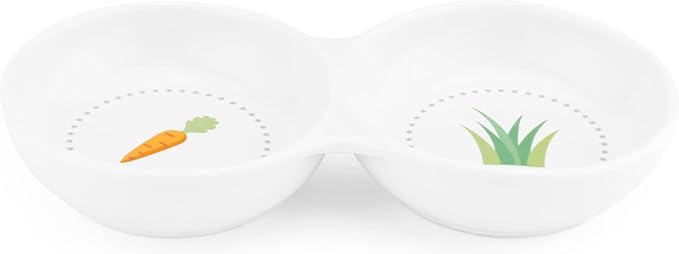 Navaris Double Food Bowl for Small Animals - Ceramic Food Bowls for Rabbits, Guinea Pigs, Small Pets - Rabbit Water Dish - Carrot and Grass Design