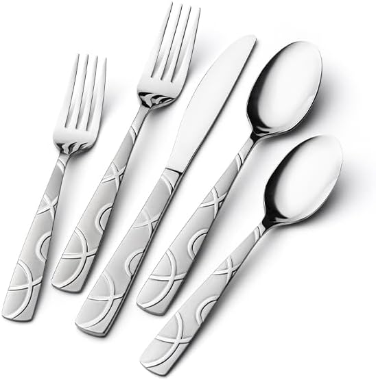 HIKAA 24PCS Stainless Steel Silverware Set with Steak Knives, Modern Flatware Set for Kitchen, Mirror Polished Cutlery Set with Forks, Spoons and Knives，Dishwasher Safe
