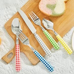 ANNOVA Stainless Steel Colorful Tableware Kitchen Flatware Set Utensils, Includes Dinner Knives, Forks, Spoons, Salad Forks & Dessert Spoons, Modern Rounded Shape (Red Checkered, 20 Pieces)