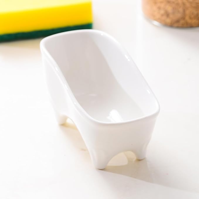 Ceramic Sponge Holder for Kitchen Sink Compact Sink Caddy Organizer - Scrub Daddy Compatible Dish Sponge Holder (White)