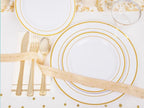GATHER 176 Pieces Gold Dinnerware Disposable - White and Gold Plastic Plates Includes 50 Plates, 25 Plastic Silverware, 25 Napkins, 25 Cups and 1 Tablecloth for Wedding Party