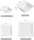 Porlien 16-Piece Classic Square Dinnerware Set for 4-Square Dinner Plates, Dessert Plates, Bowls & Dipping Saucers, Off White Dishes for 4