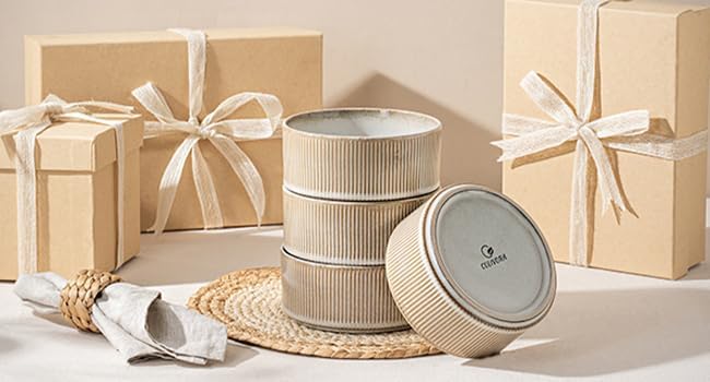 Ceramic Bowl Set of 4-22oz Cereal and Soup Bowls, Microwave and Dishwasher Safe, For Oatmeal, Salad, Pasta, Dessert and Fruit, Beige