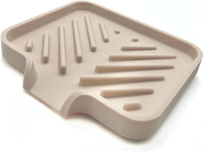 Happitasa Silicone Soap Dish Tray and Sponge Holder with Drain Chute and Feet | 3-Way Sloped Design | Bathroom and Kitchen Sink Organizer Caddy (Sand Dollar, 5"x4", 3.5 Ounces)