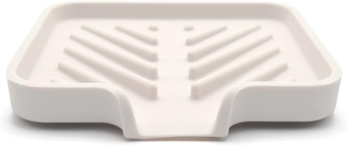 Happitasa Silicone Soap Dish Tray and Sponge Holder with Drain Chute and Feet | 3-Way Sloped Design | Bathroom and Kitchen Sink Organizer Caddy (Vanilla Cream, 5"x4", 3.5 Ounces)