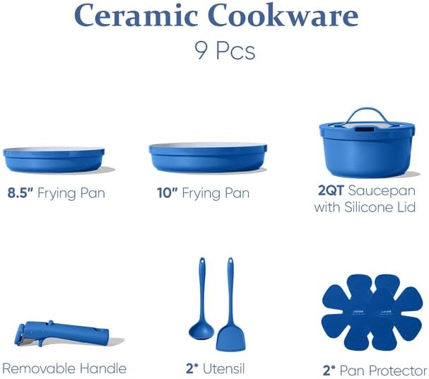 CAROTE 9pcs Pots and Pans Set,Ceramic Cookware Sets Non Stick with Detachable Handle, Induction Kitchen Pots and Pans,RV Cooking Set, Oven/Dishwasher/Fridge Safe, Malta Blue