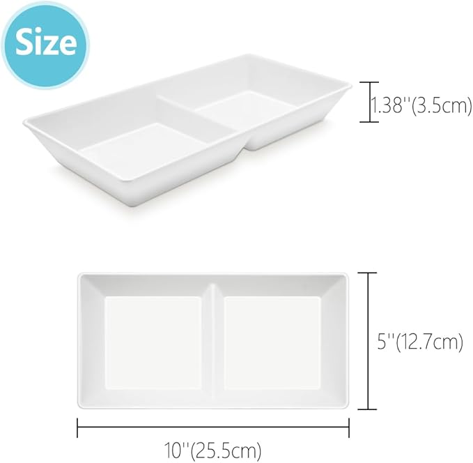 Divided Serving Tray Platter, 2 Pack 10" x 5" Fruit Veggie Food Tray for Party, Plastic Serving Trays for Appetizer, Snack, Dessert, Cookie, Brunch Decorations Platters, White Trays BPA-Free
