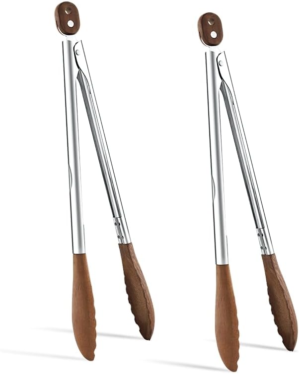 13 Inch Wooden Kitchen Cooking Tongs 2 Packs, Stainless Steel Salad Tongs with Walnut Wood Tip, Serving Food Toaster, Grilling Outdoor BBQ, Smooth Locking & Hanging Cooking Utensils