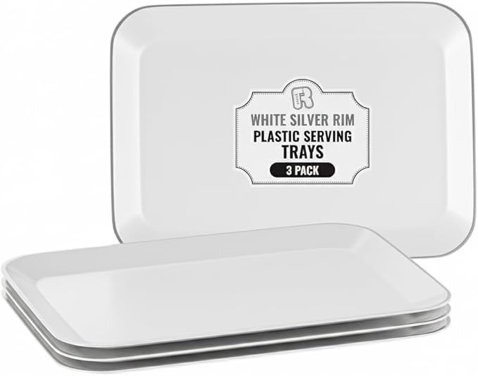 3 Pack Silver Plastic Serving Trays for Party - Silver Rim Serving Tray 8 x 11 Inch - Heavy Duty Dessert Trays for Food - Rectangular Party Serving Trays for Entertaining