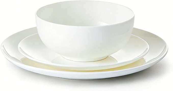 KINGSTONE 6-Piece Bone China Dinnerware Set for 2, Lightweight Porcelain Round Plates and Bowls Set, Durable Scratch Resistant Ceramic Dinner Set, Microwave & Dishwasher Safe, Ivory White