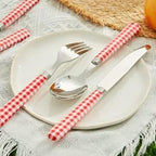 ANNOVA Stainless Steel Colorful Tableware Kitchen Flatware Set Utensils, Includes Dinner Knives, Forks, Spoons, Salad Forks & Dessert Spoons, Modern Rounded Shape (Red Checkered, 20 Pieces)