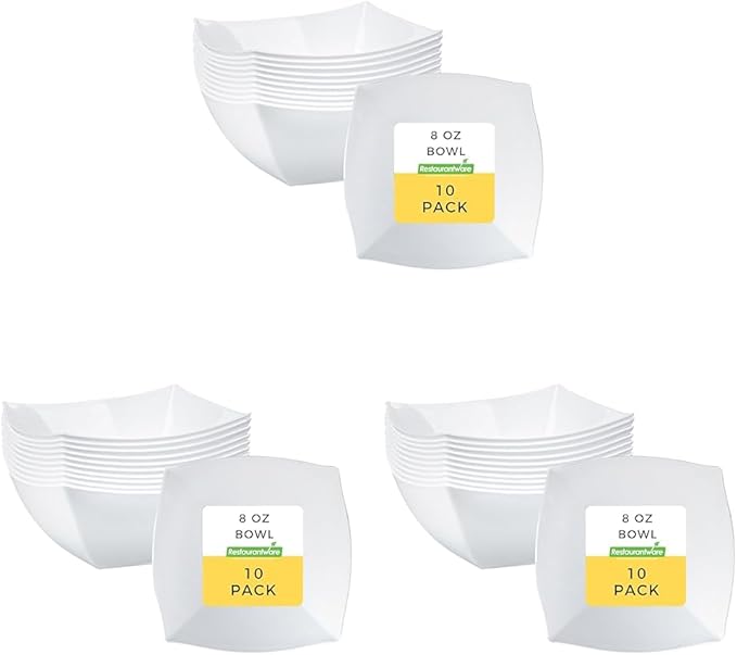 Restaurantware Moderna 8 Ounce Fancy Plastic Bowls 10 Square Disposable Salad Bowls - Durable Heavy-duty White Plastic Bowls For Warm And Cold Foods (Pack of 3)