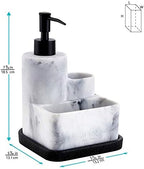 ZCCZ White Soap Dispenser with Sponge Holder, Kitchen Soap Dispenser Pump, Sponge Caddy and Brush Holder 3 in 1 Set Organizer for Sink Countertop, Removable Tray, Marble Look (Brush NOT Included)