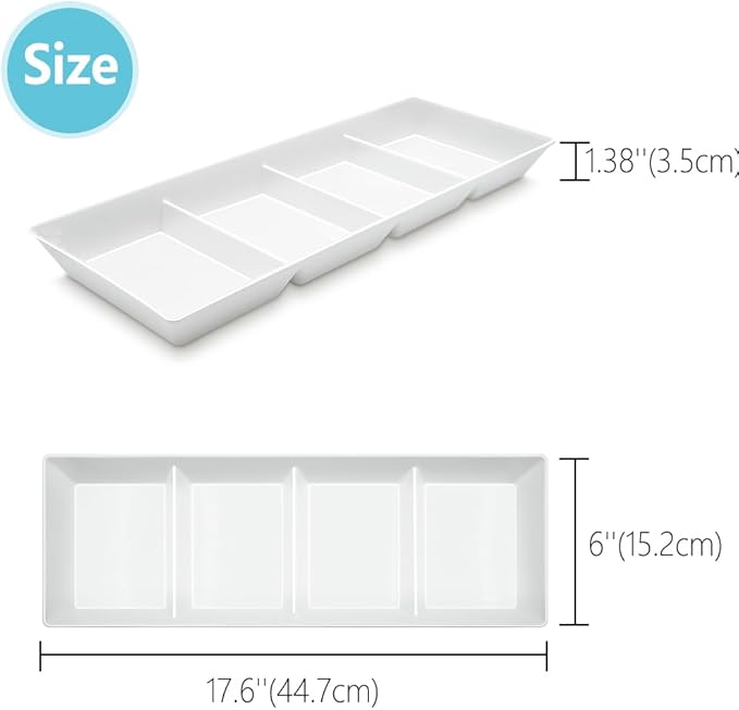 Divided Serving Tray Platter, 4 Pack 17.6" x 6" Fruit Veggie Food Tray for Party, Plastic Serving Trays for Appetizer, Snack, Dessert, Cookie, Brunch Decorations Platters, White Trays BPA-Free