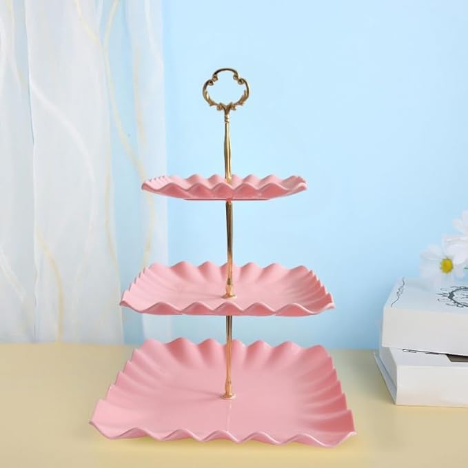 2 Pack of Plastic Square Dessert Cupcake Stand, 3 Tier Cup Cake Holder Tower for Tea Party/Birthday/Wedding, Plastic Tiered Serving Tray (Pink)