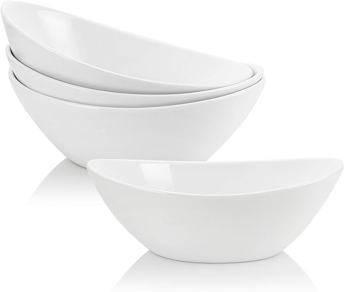 Lawei 4 Pack 9" Porcelain Serving Bowls, 36 Oz Oval Ceramic Mixing Bowls, Large Serving Dishes for Salads, Spaghetti, Dessert, Veggie, Potatoes and Fruits, Side Dishes, Microwave & Dishwasher Safe