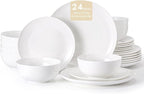 KINGSTONE 24-Piece Bone China Dinnerware Set for 8, Lightweight Porcelain Round Plates and Bowls Set, Durable Scratch Resistant Ceramic Dinner Set, Microwave & Dishwasher Safe, Ivory White