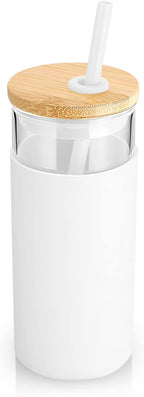Tronco 20 oz Glass Tumbler with Lid and Straw, Iced Coffee Cup and Smoothie Cup with Bamboo Lids & Protective Silicone Sleeve, Dishwasher Safe, BPA-Free, Glass Cup 2 Pack