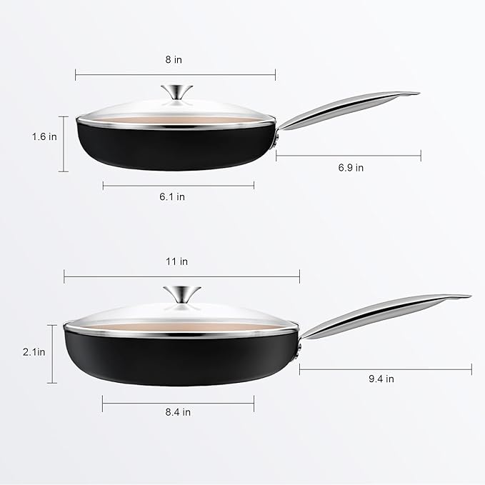 KOCH SYSTEME CS 8"+11" Copper Ceramic Frying Pan Set Nonstick, Oven Safe Cooper Cookware Set, Induction Frying Pan Sets with Lids, Aluminum Pan for Effortless Cooking, All Stoves Compatible