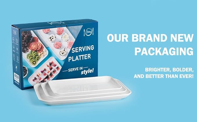 DELLING Large Serving Platter Set of 3, 16/14/12 Inch Porcelain Serving Trays for Party - White Ceramic Rectangular Platters for Entertaining, Appetizer Fruit Tray for Easter Bridal Shower Dinner
