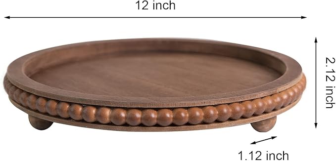 HPC DEC R OUR HAPPY PLACE 12in Round Wood Beaded Tray - Brown, Distressed Finish - Farmhouse Boho Style - Decorative Tray for Living Room, Coffee Table, Kitchen Table or Serving Tray