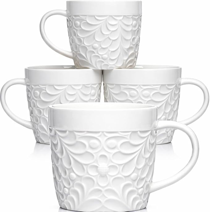 25DOL 16 oz Ceramic Coffee Mugs Set of 4 – Embossed Nature-Inspired Design, Comfortable Grip Handle – Large Latte & Tea Cups, Modern Farmhouse Style – Microwave & Dishwasher Safe