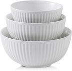 HASENSE Ceramic Ribbed Nesting White Bowls 1.5/1/0.5 Qt For Kitchen, Cooking, Baking and Serving Salad Bowls for Pasta, Small Mixing Bowls of 3, Modern Space Saving Dishes for Kitchen