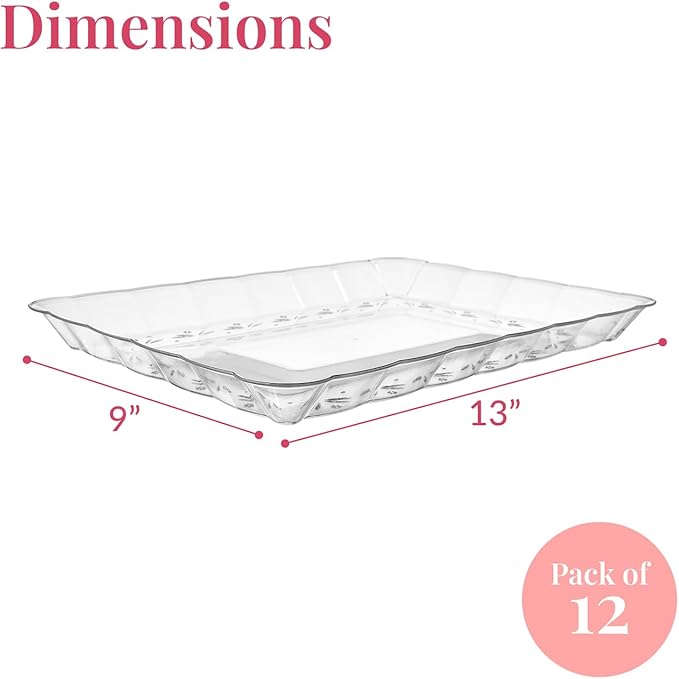 Prestee 12-Pack Serving Tray - 9x13 Inches Disposable Rectangular Plastic Food Tray for Parties and Events - Clear Platters for Dessert Table Displays, Appetizers, Snacks, and More