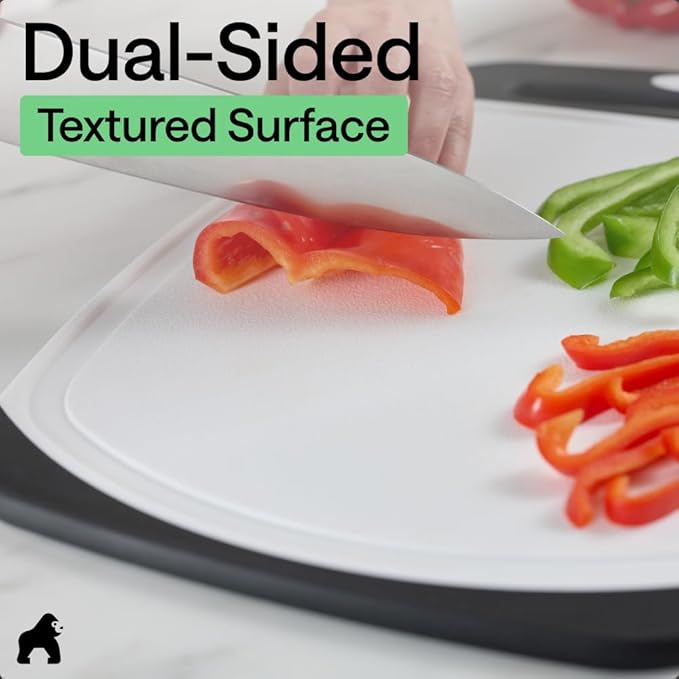 GORILLA GRIP BPA-Free Reversible Kitchen Cutting Board Set of 3, US Designed, Nonporous, Juice Grooves Catch Liquid, Slip Resistant Border, Dishwasher Safe, Durable Large Food Chopping Boards, Black
