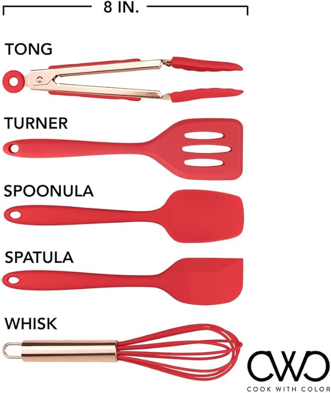 COOK WITH COLOR Silicone Cooking Utensils, Kitchen Utensil Set, Easy to Clean Silicone Kitchen Utensils, Cooking Utensils for Nonstick Cookware, Kitchen Gadgets Set, Mini, Red