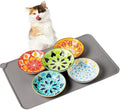 Boho 5 Ceramic Cat Bowls with Silicone Mat, 5.5 inch Wide Shallow Cat Food Bowl for Whisker Relief