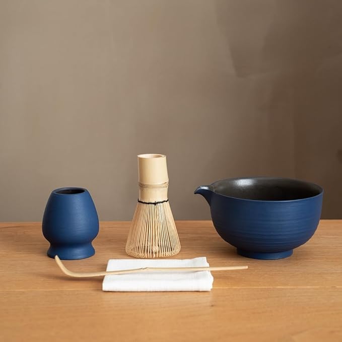 6-pcs Japanese Matcha Whisk Set, Handmade Ceramic Matcha Set with Bowl(Chawan),Bamboo Whisk(Chasen) and Holder, Scoop, Sifter & Tea Towel,Matcha Kit for Ceremony (Cobalt Blue)