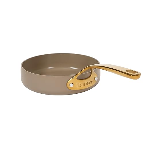 Bloomhouse - Two Time Oprah's Favorite Things Winner - 8 Inch Heavy Duty Aluminum Premium PFA Free Ceramic Nonstick Saute/Deep Frying Pan Skillet - Cappuccino Cream with Gold Handle