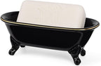 6.5" Ceramic Mini Decorative Clawfoot Bathtub Bar Soap Dish, Kitchen Sponge Holder and Shower Tray for Bathroom, 1 Pack (Black Gold Rim)