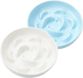 Cat Slow Feeder Bowl Set - 2 Pcs Ceramic Cat Food Plates for Slow Eating - Double Cat Dish for Dry Wet Food - Slow Feeding Cat Bowls Whisker Friendly - Microwave and Dishwasher Safe - White and Blue