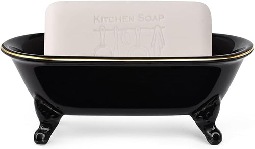 6.5" Ceramic Mini Decorative Clawfoot Bathtub Bar Soap Dish, Kitchen Sponge Holder and Shower Tray for Bathroom, 1 Pack (Black Gold Rim)
