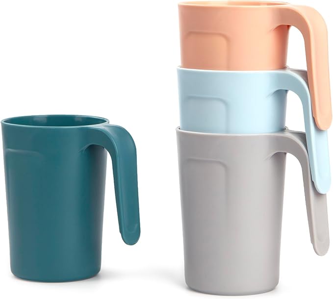 zoeynex Reusable Plastic Cups (12 oz) - Set of 4 | Unbreakable Plastic Coffee Mugs with Handles | Dishwasher and Microwave Safe | BPA Free & Eco-Friendly | Ideal Drinking Cups for Kitchen