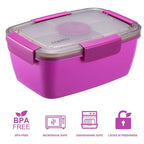 Caperci Large Salad Container Bowl for Lunch - Better Adult Bento Lunch Box 68 oz, 5-Compartment Tray, 2pcs 3-oz Sauce Cups, Stackable, BPA-Free (Purple)