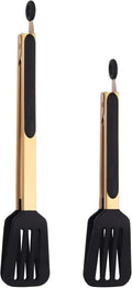 2-Piece Kitchen Spatula Tongs Food Serving Tongs 9" and 12" Cooking with BPA Free Silicone Tips, Toaster Steak Pie Pizza Pasta Spaghetti Noodles Salad Grill BBQ Buffet Clamp Serving Tools(Gold)