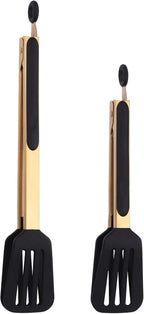 2-Piece Kitchen Spatula Tongs Food Serving Tongs 9" and 12" Cooking with BPA Free Silicone Tips, Toaster Steak Pie Pizza Pasta Spaghetti Noodles Salad Grill BBQ Buffet Clamp Serving Tools(Gold)