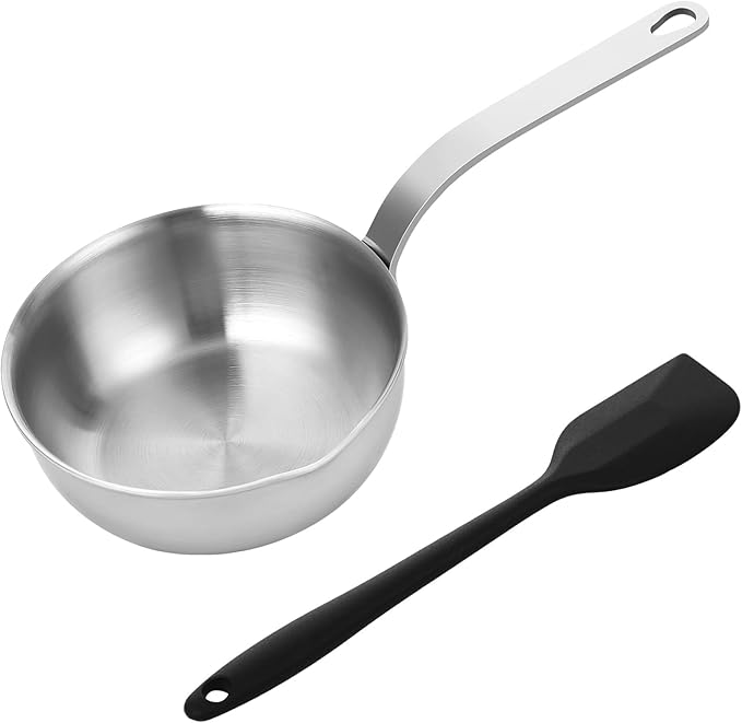 2 Pcs Mini Sauce Pan and Silicone Spatula Set, 5 in Stainless Steel Butter Warmer, Nonstick Frying Pan, No Coating Egg Pan with Spatula, 304 Steel Small Cooking Pot for Single Portion, All Stoves